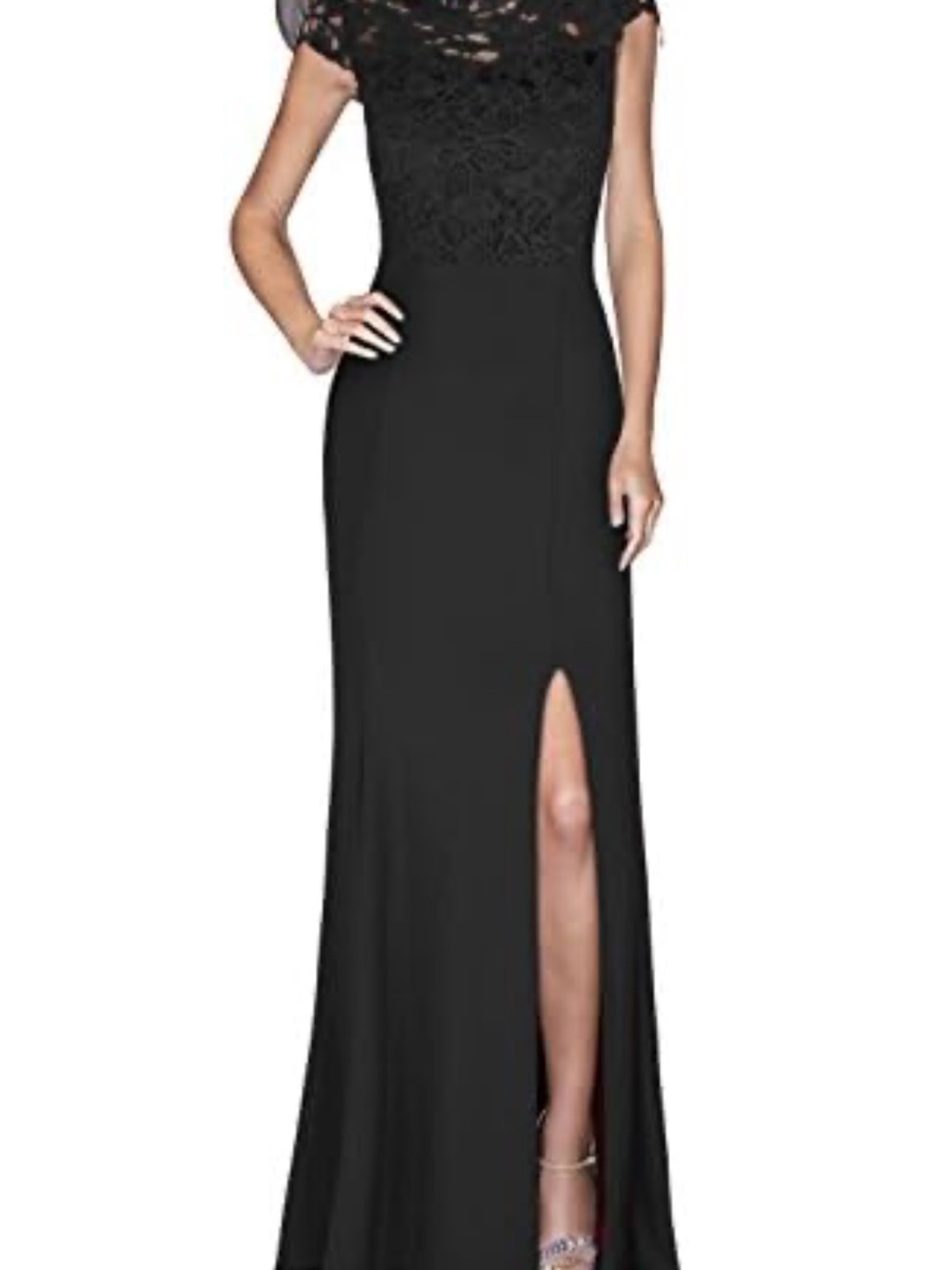 Black Lace Bodice Maxi Dress with Front Slit